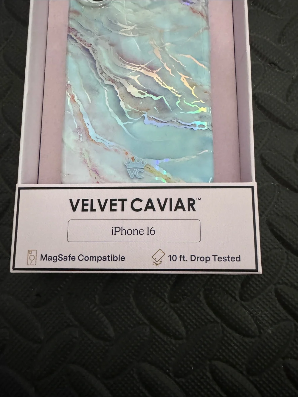 Velvet Caviar Iridescent Marble iPhone Case 16 Light Blue & Holographic Accents